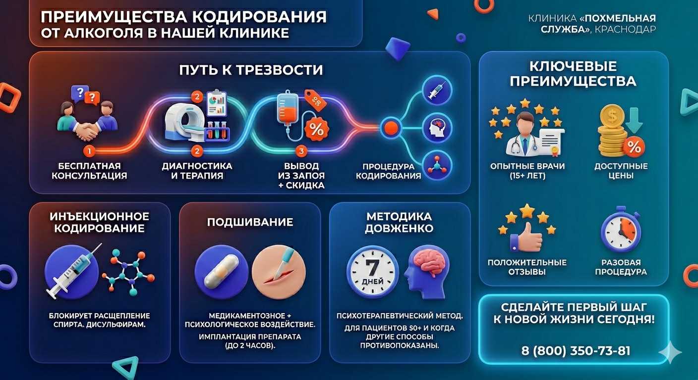 Инфографика о методах кодирования от алкоголя в Балее: инъекции, подшивание, метод Довженко. Преимущества клиники и этапы лечения.